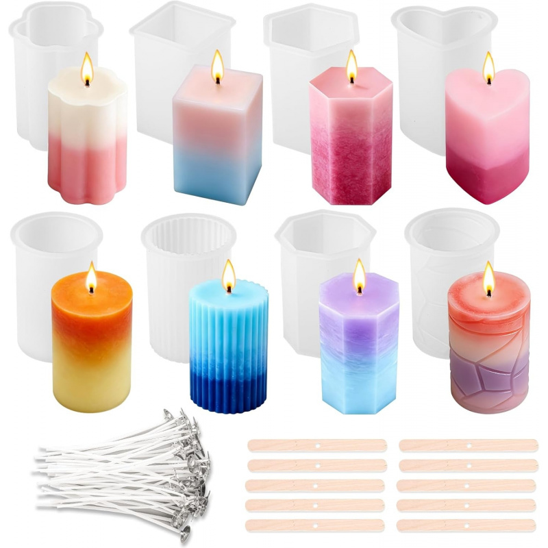 Wooden Wick Candle - 8 Silicone Candle Mold Set，Include 50